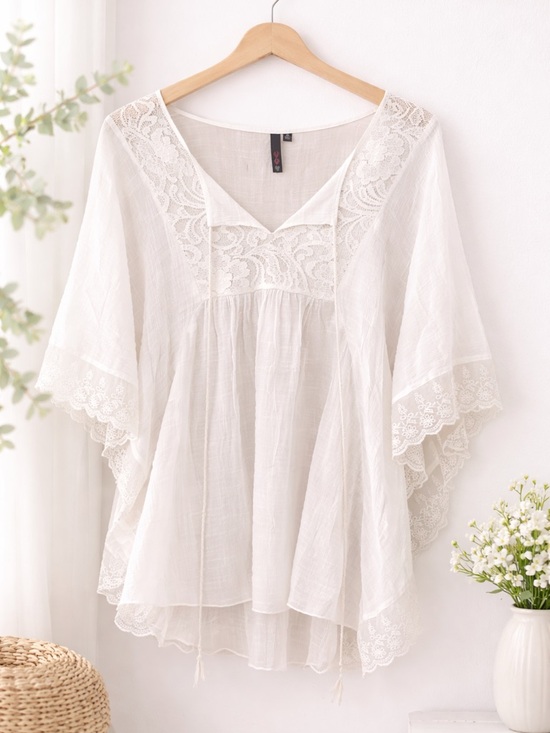 Three Hearts Tops - Women's White Lace-Trim Peasant Tunic Blouse XL